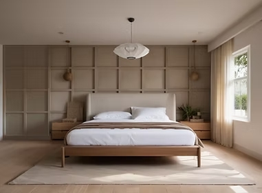 Serene bedroom with panelled walls and pendant lighting