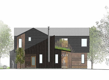 Modern dark-clad farmhouse exterior surrounded by trees