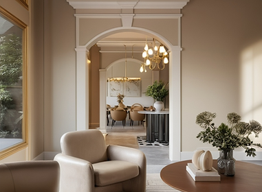 Elegant French-style living room with arched doorway and chandelier